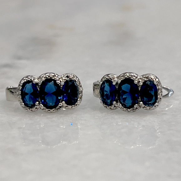 Trilogy Blue Gemstone Diamond Accent Latch Back Earrings - Picture 3 of 11